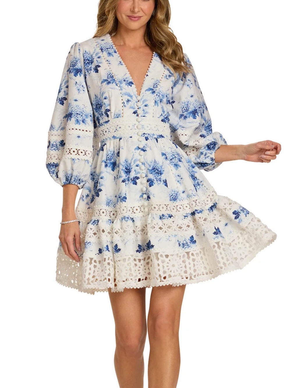 NWT Trish Scully Floral Blue & White Eyelet V-Neck Mini Dress